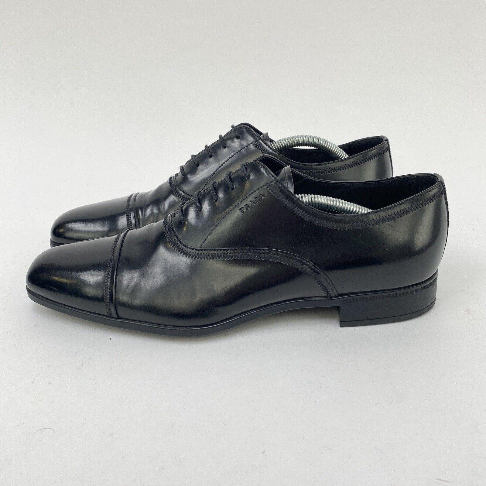 PRADA Mens Black Leather Cap Toe Logo Oxford Shoes Size UK 8.5 Hush Luxe